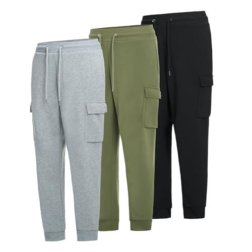 Men's 3-Pack Fleece Athletic Workout Jogger Sweatpants with Cargo Pockets and Drawstring Size S-3XL