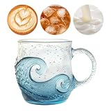 AVZYARDY Taza de cristal de mar con ondas 12 oz, taza de café hecha a mano inspirada en el océano con asa, bebida costera texturizada para decoración y regalo único para amantes de la playa
