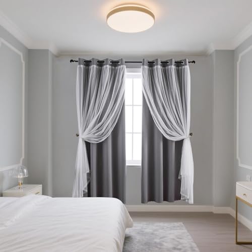 Anytime Home Curtains Blackout and Sheer Layered Solid Window Curtain Panel Pair with Grommet Top, 52Wx84L,Grey