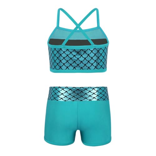 YEAHDOR Big Girls' 2 Pieces Gymnastics Dancing Outfits Crop Bra Top with Shorts Set Athletic Sports Actviewear Lake Blue Mermaid Scales 3-4 Years2