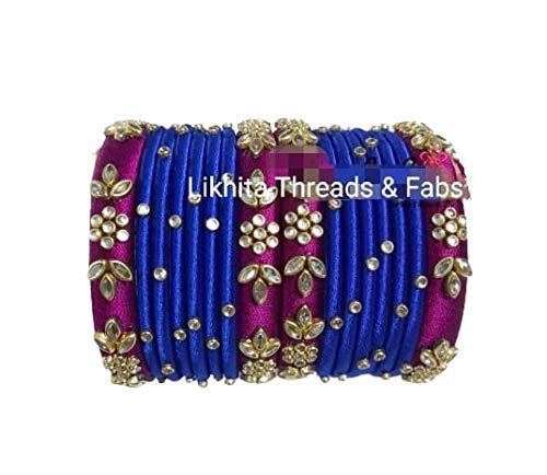 GenericLikhita Threads & Fabs Silk Thread Bangles for Women (4 Purple and 12 Royal blue Bangles). Size: 2.6/2.4