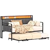 knocetx Twin Daybed with Trundle, Modern Twin Size Sofa Day Bed, Sturdy Metal Bed Frame with Upholstered Headboard for Living Room, Bedroom, Studio Apartment (Black)