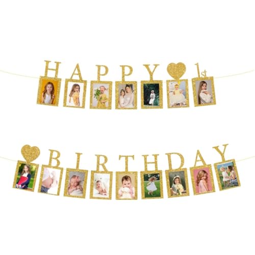 Happy 1st Birthday Photo Banner 1 Year Old Party Decorations, One Birthday Picture Frame Banner First Photo Frame Party Supplies Bunting Decor - image 1