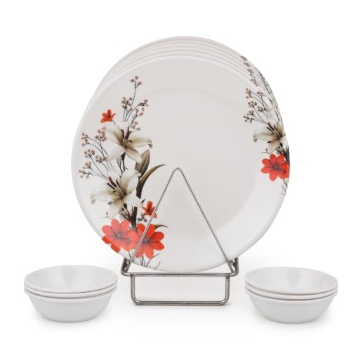 Image of Golden Fish Melamine Round Dinner Plate & Bowl Set of 12 (6 Plates + 6 Veg Bowls) | Red & White Floral Print | Unbreakable, Dishwasher & Microwave Safe