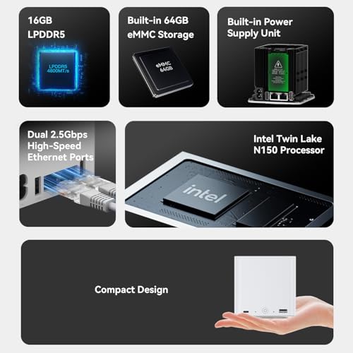 Image of Beelink ME Mini PC, Desktop NAS with Intel N150(4C /4T, up to 3.6GHz), 16GB LPDDR5, 64GB EMMC, 6*M.2 PCIe3.0 Slot(MAX 24TB), Dual 2.5G LAN /USB3.2 /NAS /Soft Router /Data Center /Network Attached Storage