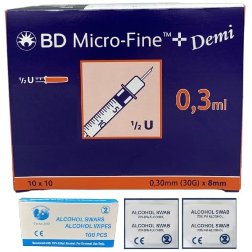 BD Micro-Fine™+ U100 0.3 x 8 mm Box of 100 (10x10 Packs) + FREE Tetra-Sole™ Alcohol Wipes (box of 100)