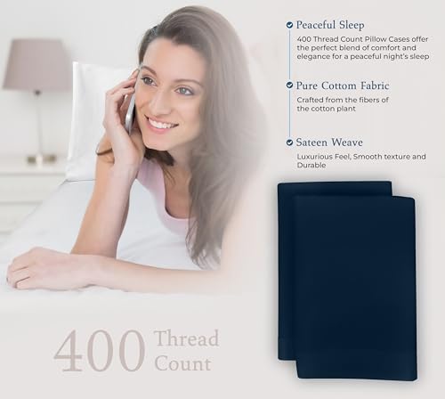 Image of Royale Linens 400 Thread Count 100% American Grown Cotton King Pillowcase Set - Luxury Sateen King Pillow case - 20 inchx40 inch Inch Soft & Smooth Set of 2 Navy Pillowcases - (King, Rivera Navy)