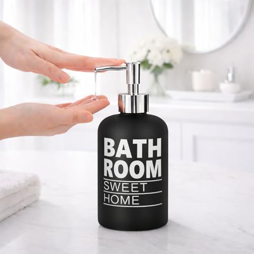 Image of Luxe Home International Bathroom Sweet Home Print Glass Soap Dispenser for Bathroom and Kitchen Sink Leak Proof Liquid Hand Wash Round Bottle Lightweight Smooth Finish (19.5x7.5 cm Black) Pack of 1