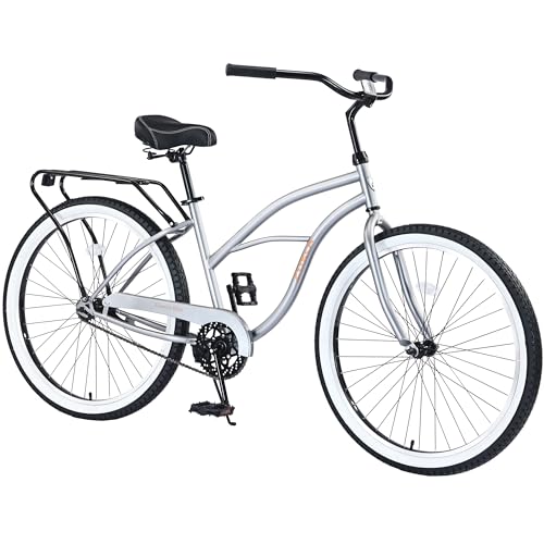 Multiple Colors Adult Beach Cruiser Bike, Single Speed Bicycles 26' Inch, Fixed Gear Single Speed Bike, Wide Wheels for Stability, Rear Coaster Brakes, Multiple Speed Options (Grey)