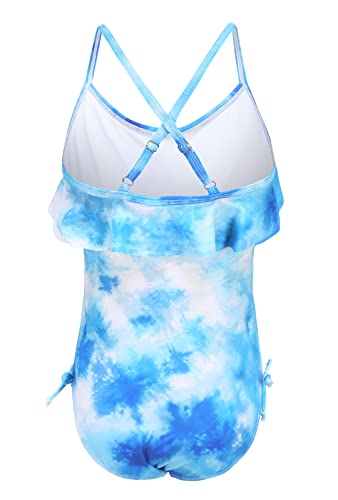 Zestonie Big Girls One Piece Swimsuits Tie Dye Bathing Suit For Kids Girls Hawaiian Ruffle Swimwear Blue Size 14/12-14 Years #TOP1