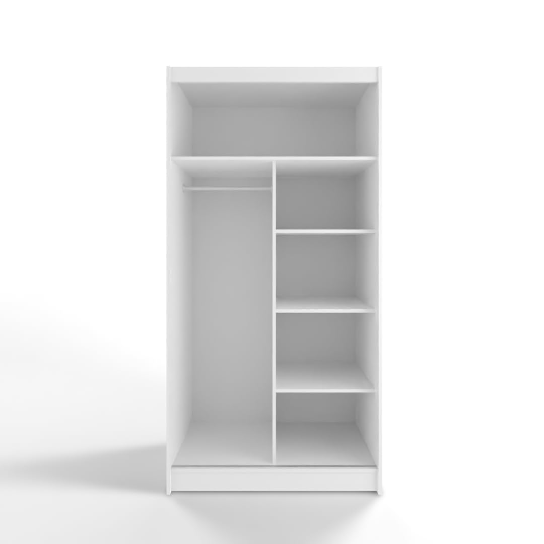 Moderno armadio scorrevole bianco con specchio, 100 cm, elegante armadio a 2 ante per camera da letto con asta appendiabiti, mobile salvaspazio per soggiorno nized