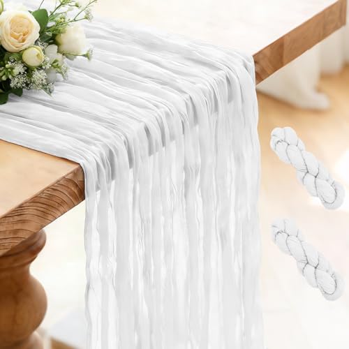 2 Stück Tischläufer Weiß 300 x 90 cm Käsetuch Tischläufer Boho Gaze Rustikaler Läufer für Hochzeit Geburtstagsfeiern Brautdusche Bankettdekoration Tisch Dekoration