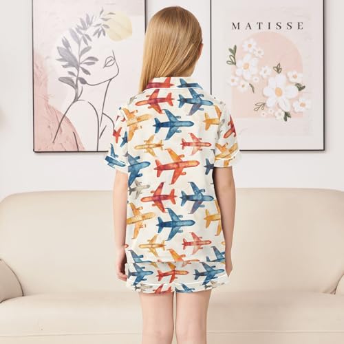 Colorful Airplane Prints Summer Satin Pajama Set, Cute Button-Down Sleepwear Pj Set for Sleep Wears4
