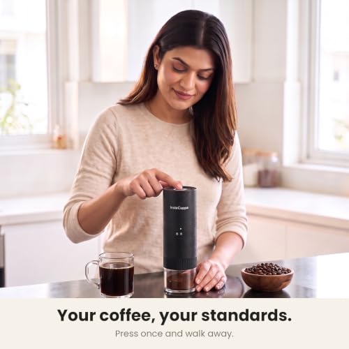 Image of InstaCuppa Portable Electric Burr Coffee Grinder for Espresso, Pour Over and French Press, Stainless Steel Conical Burr, USB-C Rechargeable, Doses into 51 mm Portafilter, 25 g Capacity, Black