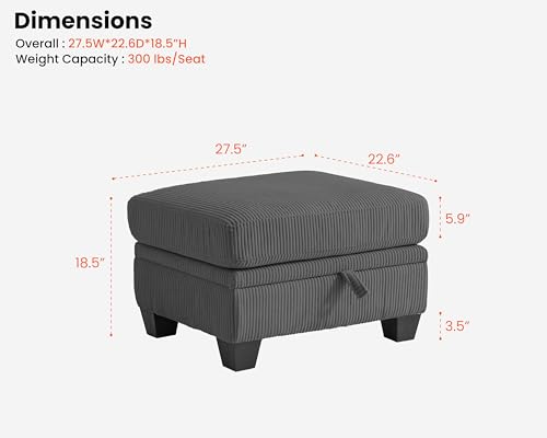 Image of CHIC HOUSE Middle Module for Modular Couch, Corduroy Customizable Chaise, Storage Ottoman for Sectional Sofa, Armrest, Single /Double Seater