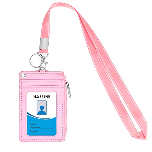 Image of 2 Pack ID Badge Holder with Lanyard,2 Sided 5 Card Slots ID Card Holder Wallet with PU Leather Zipper Pocket and Detachable Keychain Lanyard for Teens Men Women(Black & Pink)