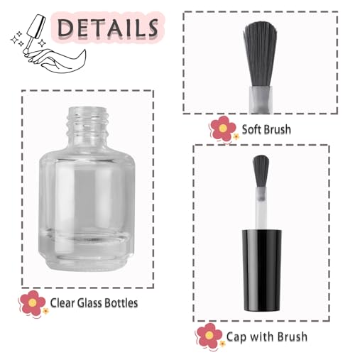 2PCS Empty Nail Polish Bottles with Rounded Brush,Empty Glass Clear Refillable Nail Polish Containers Vials with Mixing Balls & Funnels & Black Cap for DIY Nail Art Samples (15ML)4