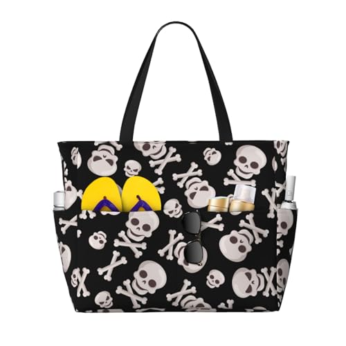 Black White Skull Bone Print Beach Pool Bags Tote For Women Ladies Large Gym Tote Carry On Bag For Weekender Travel Waterproof