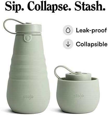 STOJO Collapsible Bottle - 20oz / 592ml - Reusable & Leakproof Silicone Travel Water Bottle for Sport, School, & Everyday Use - Screw-Top Cap - Portable - Dishwasher Safe - Sage
