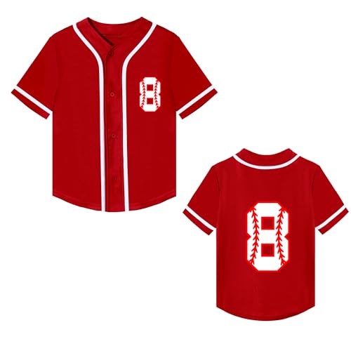 Kids Baseball Jersey Boys 8th Birthday Gift Print Number 8 T-Shirt Girls Trendy Hip Hop Button Short Sleeve Tops (8 Years,Red)