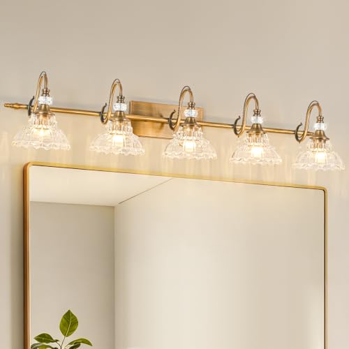 Image of Vintage Bathroom Vanity Light, 5-Light Matte Antique Brass Finish Wall Sconce with Hanging Crystal Accents and Flower-Shaped Clear Glass Shades, Retro Wall Mount Vanity Light Over Mirror for Bathroom