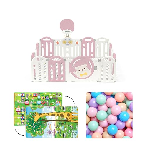 Image of Kids Station Pink Bear Baby Playpen 180 x 200 with Playmat, Basketball Hoop & 20 Balls, Spacious Safety Play Yard for Babies & Toddlers, Indoor /Outdoor Use, Sturdy Frame