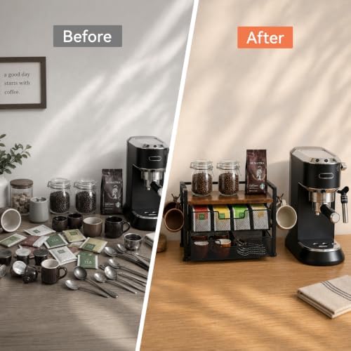 Beslands Tea Bag Organizer & Coffee Station, Matcha Kit Storage, 2 Drawers Tea Bar Tea Box Kitchen Shelf for Countertop, Teabag holder with 4 Hooks, Matcha Tea Station - 4