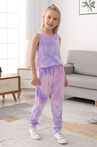 Gorlya Girl's Sleeveless Solid Casual Jumpsuit Rompers Harem Pants Outfits For 4-14T (Gor1070,7-8Y,Purple Zr) #TOP3