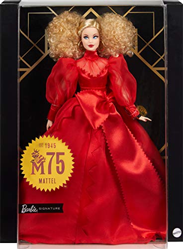 Barbie Collector Mattel 75Th Anniversary Doll (12-In Blonde Curly Hair) In Red Chiffon Gown, With Doll Stand And Certificate Of Authenticity #TOP5