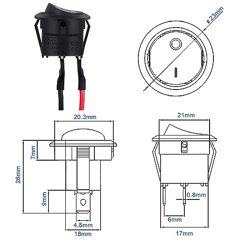 5 Stück Wippschalter, Hanibos SPST Switch 10 A/125 V 6 A/250 V Rocker Kippschalter (mit Draht) Runde Schalter 2 Polig Kippschalter Schwarzer für Auto, Boot, Haushaltsgeräte