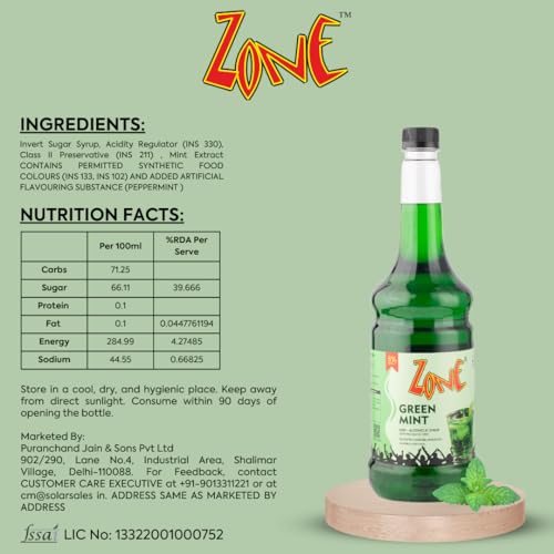 Image of Zone Flavoured Syrups 1000ml - Premium Cafe-Style Syrups for Mocktails, Cocktails, Milkshakes, Coffees, Iced Teas, Sodas & Desserts | Perfect for Home Use, Small Cafes, Bars & Gifting (Green Mint)