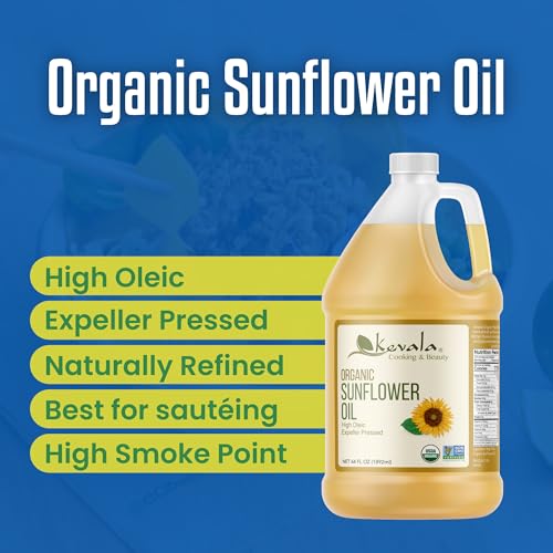 Kevala Organic Sunflower Oil - Oil for Cooking and Baking Processed in a Facility Free of Tree Nuts and Peanuts, Good Carrier for Essential Oils, Kitchen Pantry Staple for your Home, 64 fl oz, 1/2 gal