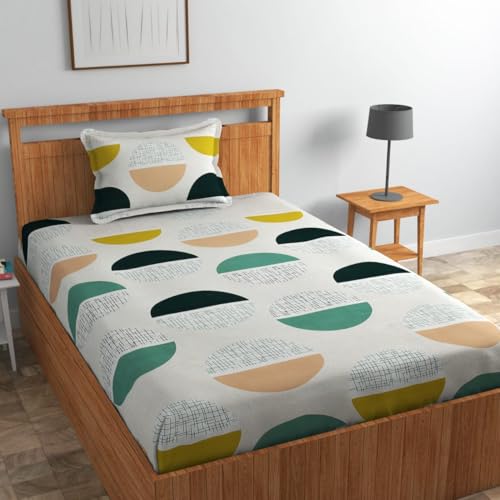 Image of NHD HOME Premium Glace Cotton 210 TC Flat Single Bedsheets for Summer Breathable Wrinklefree (Size-60 X 90 Inch) with 1 Pillow Covers (Size-17 X 27 Inches) White Grey Big Cricle