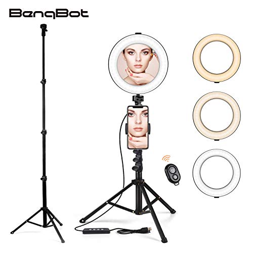 BenqBot LED Ring licht Stativ mit Spiegel, 8.2 Dimmbar 3200K-5500K Ringleuchte mit Handy Halter und Fernauslöser, 3 Lichtmodi 11 Helligkeitsstufen für Youtuber, Make-up, Self-Porträt, live Stream