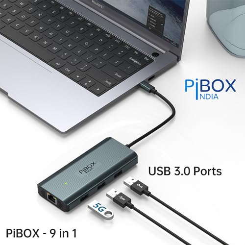 Image of PiBOX India, USB C Hub Dock- 9 in 1 Aluminum Type C Adapter with 4K HDMI Hub, Ethernet 1000mbps RJ45, 3 USB 3.0, USB-C Power Delivery, 3.5mm Audio only, TF /SD Card Reader, MacBook USB C Devices - 2024