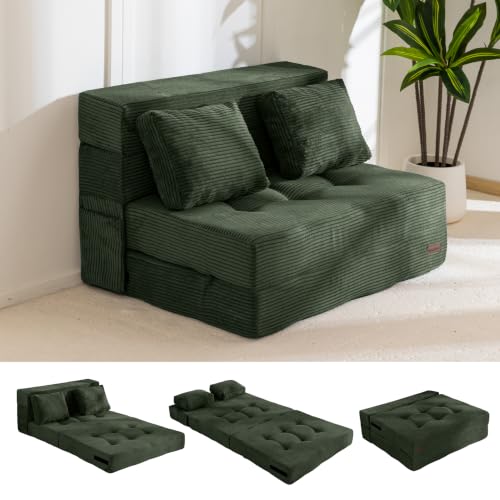 Image of MAXYOYO Convertible Sofa Bed, Fold Out Sofa Couch with Pillow for Adults | Loveseat Sofa 4 in 1 Tufted Folding Couch Bed Foam Floor Couch, Lazy Chair for Living Room Bedroom Guest Room, Dark Green