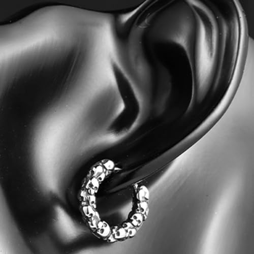 Retro Vintage Stainless Steel Gothic Skull Biker Halloween Cuff Huggie Earrings3