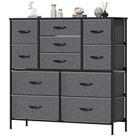 Feonase Chest of Drawers, Bedroom Tall Dresser with 11 Fabric Drawers, Metal Frame & MDF Wood Top, Adjustable Feet, Storage Organizer Unit for Bedroom, Closet, Living Room, Hallway, Deep Grey