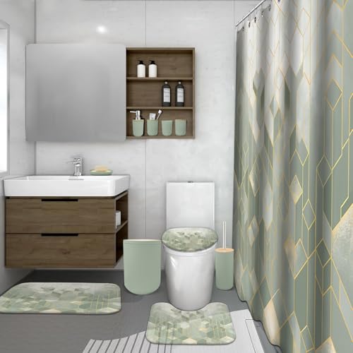 Lnond Sriral Green Bathroom Set, Green Abstract Cubes Bathroom Accessories Sets Complete, Luxury Restroom Set with Shower Curtain and Rugs, Trash Can, Toilet Brush Holder Set & Soap Dispenser by Lnond - Used condition - Image 6
