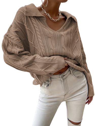 Image of Verdusa Women's Collar V Neck Drop Shoulder Long Sleeve Sweater Knit Tops Pullovers