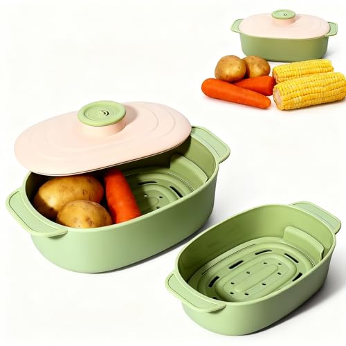 Image of 44oz Microwave-Safe Silicone Steamer Bowl with Handle & Lid,9.8x5.7x4in Large BPA-Free Steamer with Removable Rack, Rotating Steam Vent, Freezer & Dishwasher Safe, Ideal for Vegetables, Fish Cooking