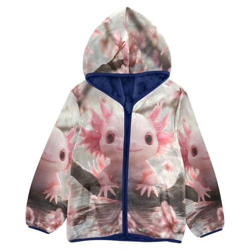 Pink Axolotl with Cherry Blossoms Toddler Fleece Jacket Girl Boys Hooded Fleece Jacket Coat Warm Outwear Zip-up 3-10T