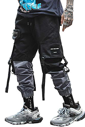 MOKEWEN Men's Contrast Color Bandage Straps Ankle Band Casual Cargo Pants with Pocket