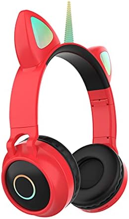 Children Headphones.Kawaii Unicorn Cat Ear Headphones with Bluetooth 5.0 Foldable Gaming Headset with Constructed-in Mic&Assist FM Radio/TF Card/Aux in Suitable with Smartphones PC Pill (Crimson)