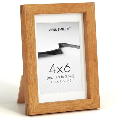 Image of 4x6 Picture Frame, USA-Sourced Natural Teak Wood Photo Collage Frame with HD Tempered Glass, Modern Simple 4 x 6 Wooden Frame Matted to 3.5x5, Gallery Wall Frames for Art, Wall or Tabletop Display
