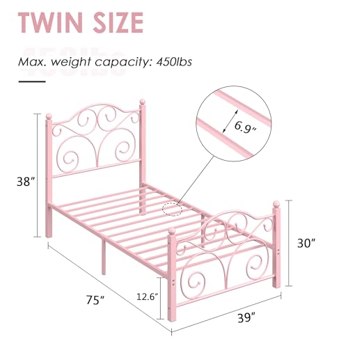 Image of VECELO Twin Size Bed Frame with Headboard and Footboard, Heavy Duty Metal Slat Support, Platform Mattress Foundation, No Box Spring Needed, Easy Assembly, Pink