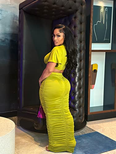 Image of YUEWOO 2 Piece Outfits for Women Sexy Crop Top Ruched Bodycon Maxi Dresses Fringe Skirt Sets Night Club Jumpsuits