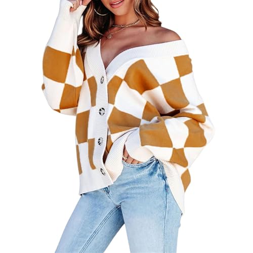 Womens Plaid V Neck Button Down Cardigan Long Sleeve Cable Knit Sweaters Tops Loose Fall Trendy Coats Outwear (X-Large,Yellow)
