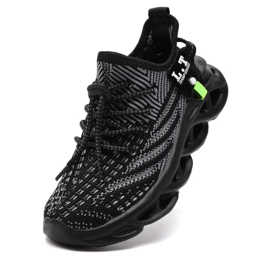 EGMPDA Boys & Girls Kids Shoes Walking Sneakers Slip On Tennis Athletic Running Non Slip Cushioned Spiral Sole Fashions Lightweight Breathable Casual for Big Kid All Black Size 2.5