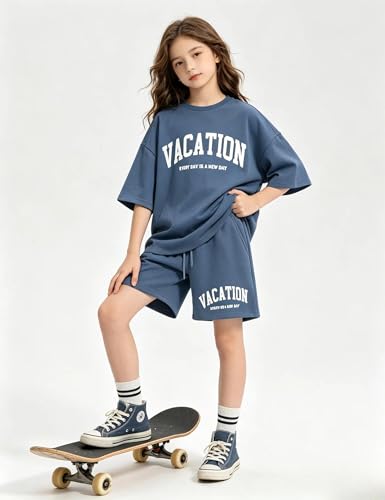 Image of Size 6-12 Years Girl's Tracksuit Sets 2 Piece Outfits Letter Print Vacation Tee Top and Drawstring Waist Shorts